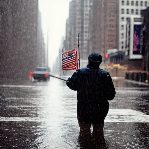 Image similar to closeup portrait of a man fishing in a rainy new york street, photography, time magazine