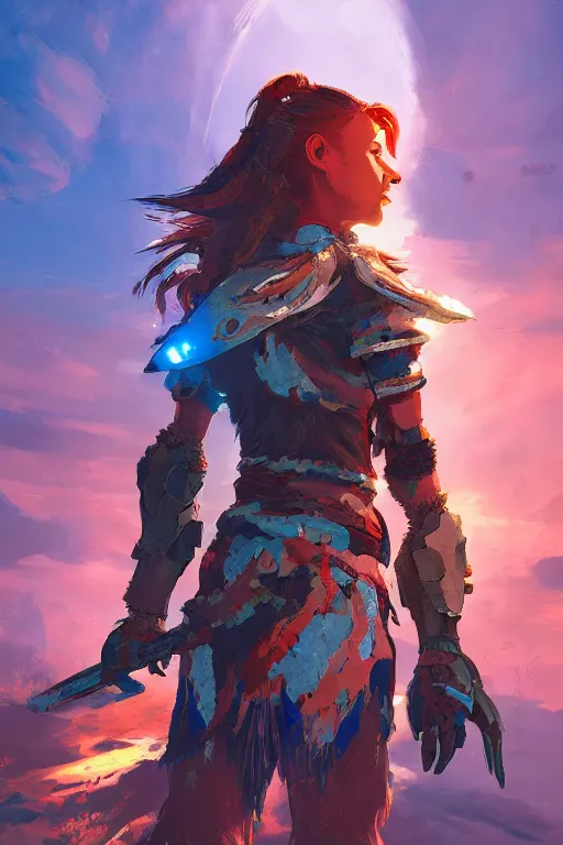 Image similar to combination suit armor aloy horizon forbidden west horizon zero dawn radiating a glowing aura global illumination ray tracing hdr fanart arstation by ian pesty and alena aenami artworks in 4 k tribal robot ninja mask helmet backpack