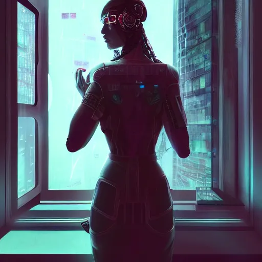 Image similar to portrait of cyberpunk woman looking out of a window, cyberpunk setting, futuristic, highly detailed, intricate lighting, digital painting, sharp focus, illustration, trending on artstation, art by anna dittmann.