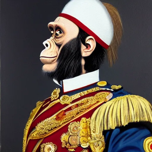 Image similar to An exquisite modern painting of a chimpanzee dressed like a bearded Napoleon with correct military uniform, no frames