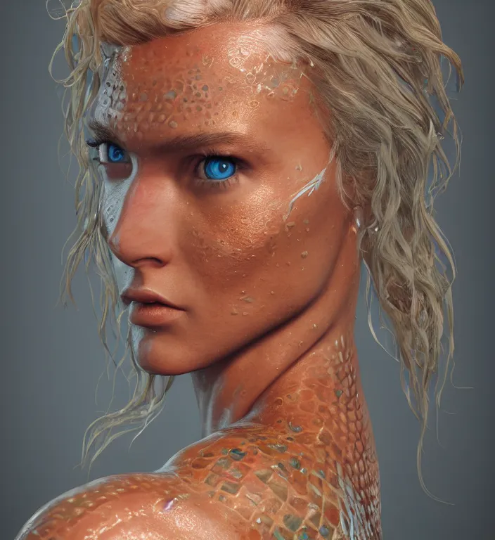 Image similar to female aquaman, au naturel, hyper detailed, digital art, trending in artstation, cinematic lighting, studio quality, smooth render, unreal engine 5 rendered, octane rendered