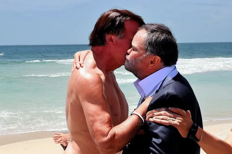 Image similar to bolsonaro kissing president lula at the romantic beach