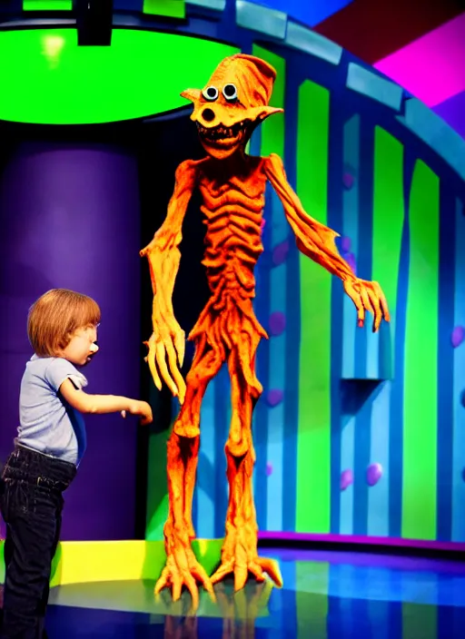 Image similar to creepy scary gangly goblin monster invades the set of a 9 0's childrens tv gameshow, 4 k resolution