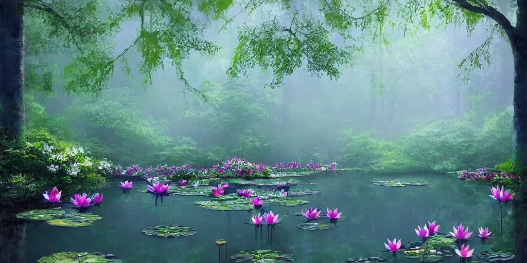 Prompt: a mirror like pond, by springtime flowers and foliage in full bloom, lotus flowers on the water, dark foggy forest background, sunlight filtering through the trees, digital art, art station