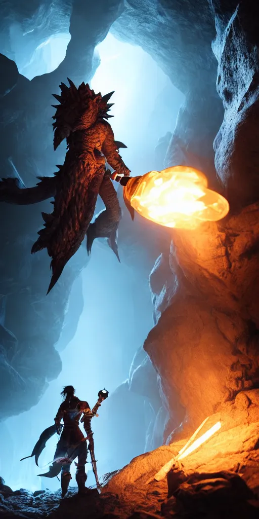 Image similar to a epic hero adventurer holding a torch in a dark cave, fantsy, concept art, artgerm, monster hunter world, 8 k realistic, radiant light, frostbite 3 engine, dof, cryengine, digital art, detailed background