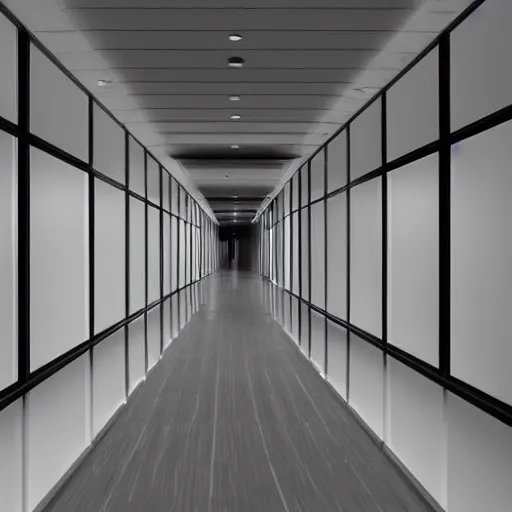 Image similar to curved still of an endless office hallway into an elevator, liminal feeling, uncanny