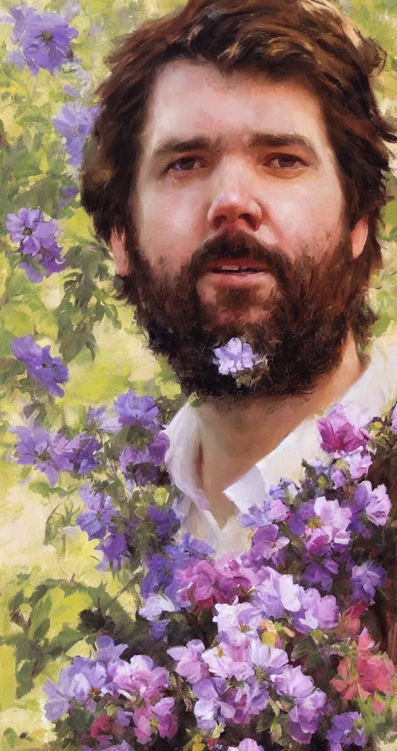 Prompt: romantic detailed portrait of gabriel boric surrounded by beautiful flowers, by gregory manchess, james gurney, james jean