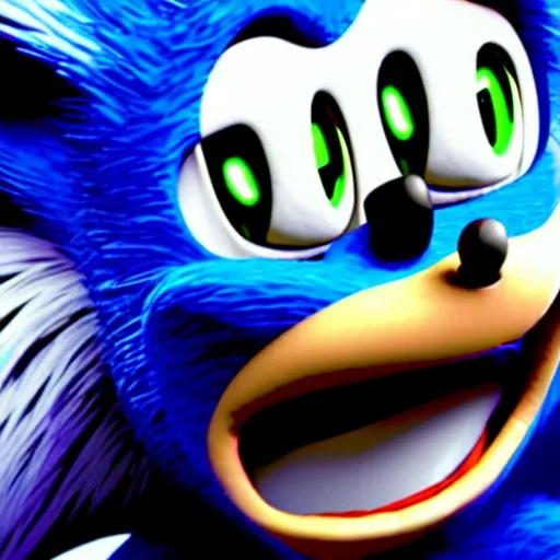 Image similar to a terrifying CInema4D raytrace render of sonic the hedgehog, teeth fangs horror creepypasta