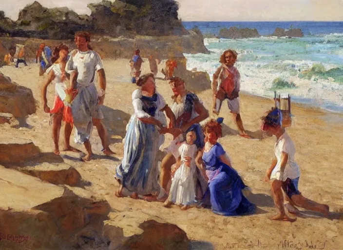 Prompt: a highly detailed beautiful family portrait of a roman family at the beach, by gregory manchess, james gurney, james jean