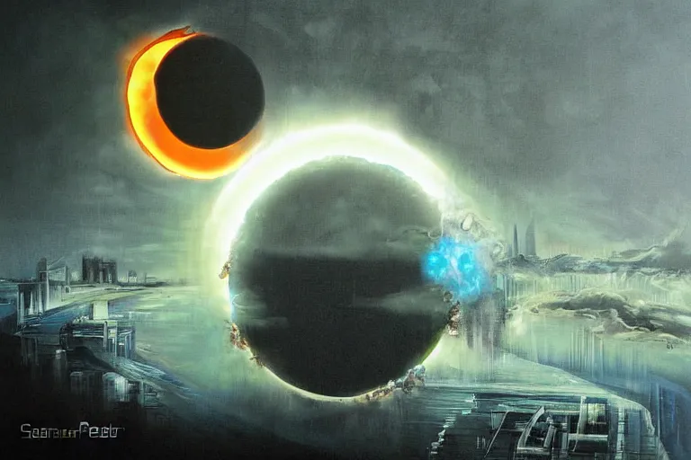 Image similar to Surreal nuclear eclipse blast, cyberpunk, art by Sandra Pelser