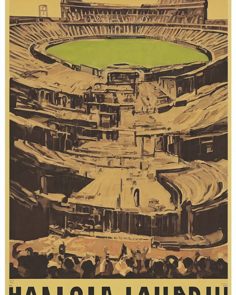 Prompt: art deco era poster for baseball in the Colosseum by Ed Ruscha.