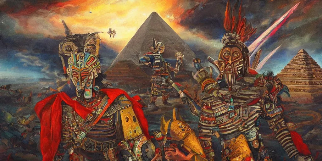 Image similar to simonetti rutkowski epic painting aztec warrior watching spaceship starship in the sky, background is mesoamerican pyramid