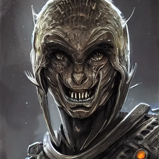 Prompt: Portrait of an alien man by Greg Rutkowski, a kind of humanoid feline, hard predatory look, with pointed ears, prominent jaw and visible fangs, wearing a futuristic space tactical gear that looks like a mix between the samurai, viking and templar aesthetics, mix between tribal and hi-tech, highly detailed portrait, scifi, space opera, digital painting, artstation, concept art, smooth, sharp foccus ilustration, Artstation HQ