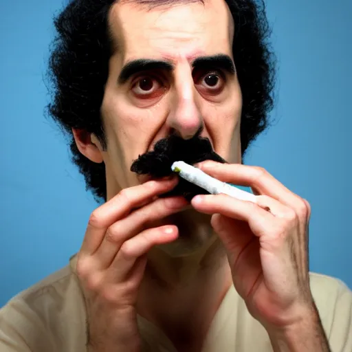 Prompt: A portrait of borat sagdiyev smoking a rolled marijuana joint, 8k, professional photography