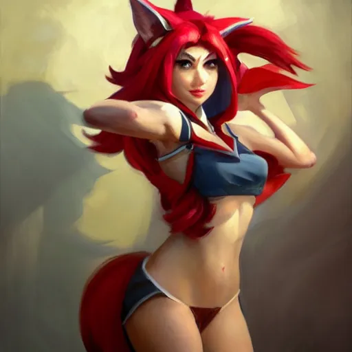 Image similar to greg manchess portrait painting of ahri from league of legends as overwatch character, medium shot, asymmetrical, profile picture, ambient occlusion, organic painting, sunny day, matte painting, bold shapes, hard edges, street art, trending on artstation, by huang guangjian, gil elvgren, ruan jia, greg rutkowski, gaston bussiere