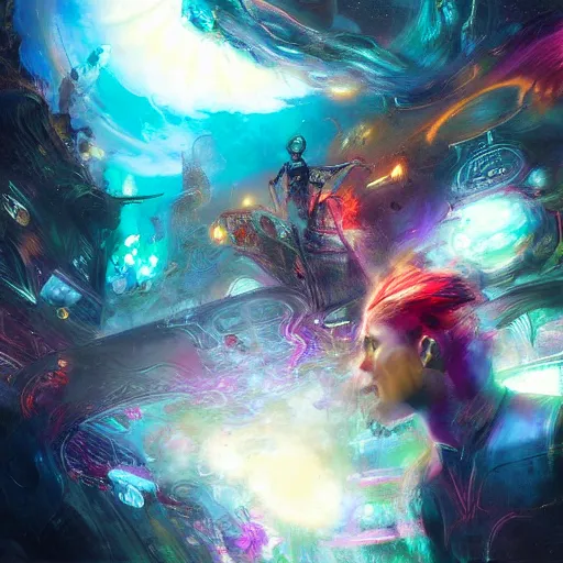 Prompt: dmt trip through the metaverse by raymond swanland, highly detailed, bright tones