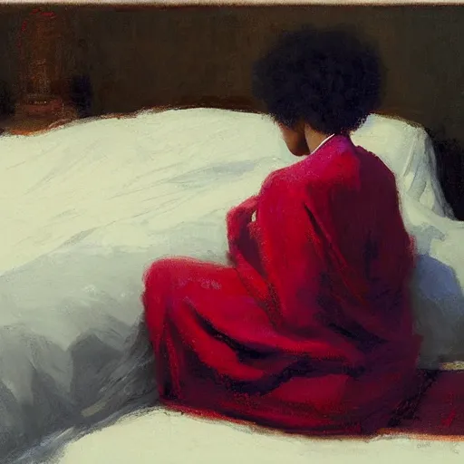 Prompt: girl with afro, in red kimono, backview, sitting on edge of bed, by jeremy lipking, tim rees, joseph todorovitch