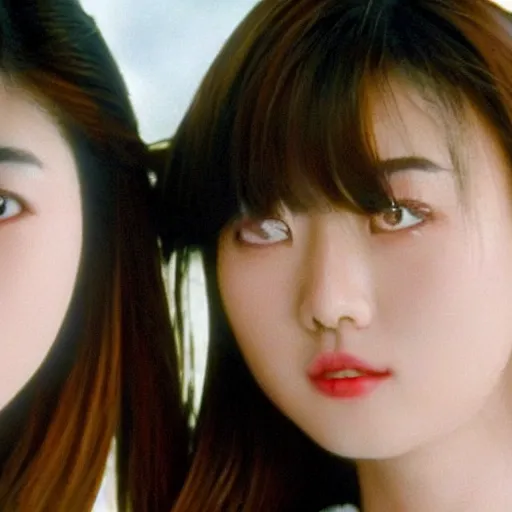 Image similar to 1990s, unbelievably beautiful, perfect, dynamic, epic, cinematic 8K HD movie shot of two semi-close-up japanese beautiful cute young J-Pop idols actresses girls, they express joy and posing together. By a Chinese movie director. Motion, VFX, Inspirational arthouse, high budget, hollywood style, at Behance, at Netflix, with Instagram filters, Photoshop, Adobe Lightroom, Adobe After Effects, taken with polaroid kodak portra