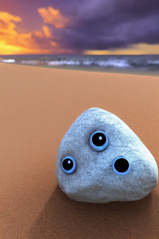 Image similar to A cute rock on the beach with googly eyes, dramatic lighting, cinematic, establishing shot, extremely high detail, foto realistic, cinematic lighting, post processed, concept art, high details, cinematic, 8k resolution, beautiful detailed, photorealistic, digital painting, artstation, concept art, smooth, sharp focus, artstation trending, octane render, unreal engine