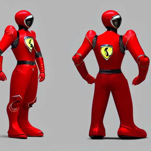 Prompt: Tokusatsu character based on Ferrari, red mechanical body, chest plate with Ferrari logo, stylized motorcycle helmet, unreal engine, 3D model