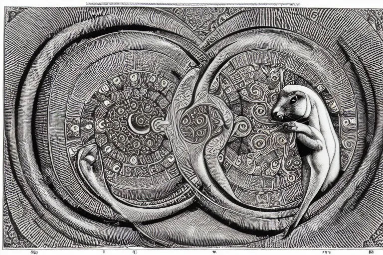 Image similar to an ornate illustration in the styles of mandalas and fractals, the styles of escher and penrose, depicting a weasel staring deep into the heart of the impossible all - and - nothing of the emerging technological singularity ; / what has god wrought? / he seems to be whispering.