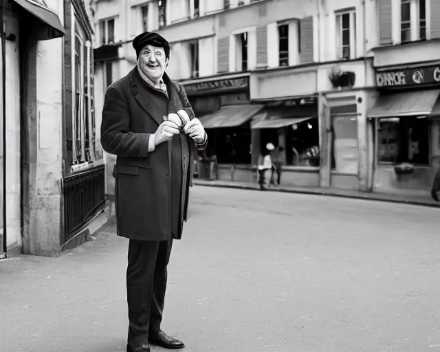 Image similar to stephen fry dressed like a stereotypical frenchman wearing a beret and holding a baguette, 8 5 mm f / 2. 4, photograph, color photo, paris