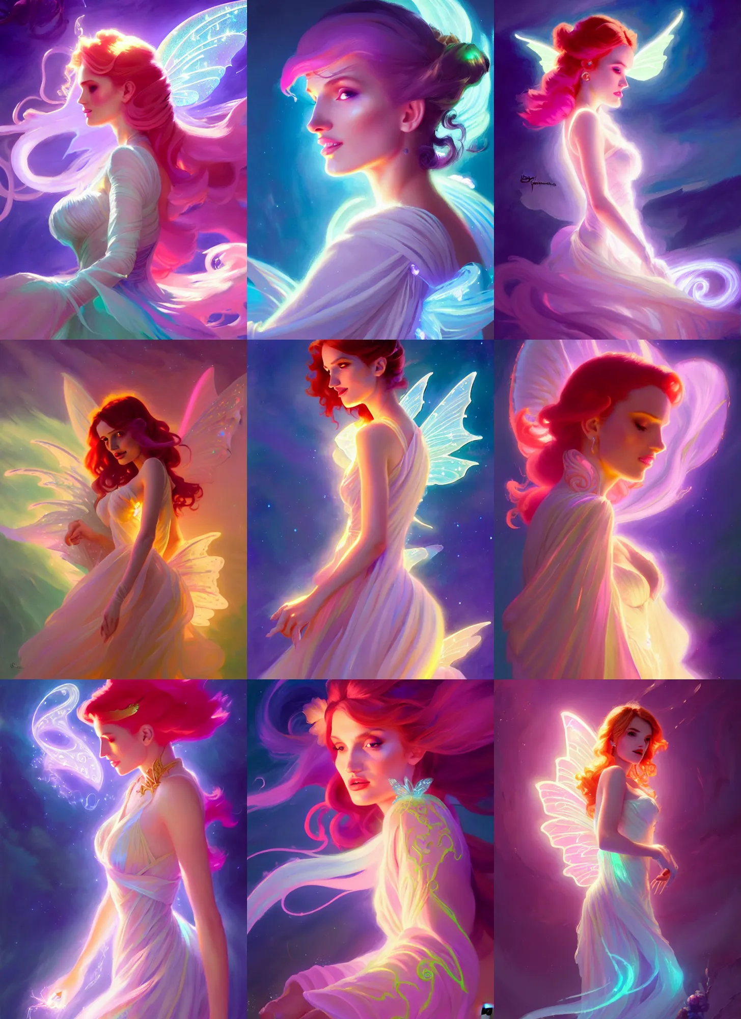 Prompt: side portrait, bella thorne, glowing fairy, fantasy robe, gloomhaven, luminescent, colorful swirly magic ripples, pastel colors, by greg manchess, huang guangjian, gil elvgren, sachin teng, greg rutkowski, jesper ejsing, ilya kuvshinov