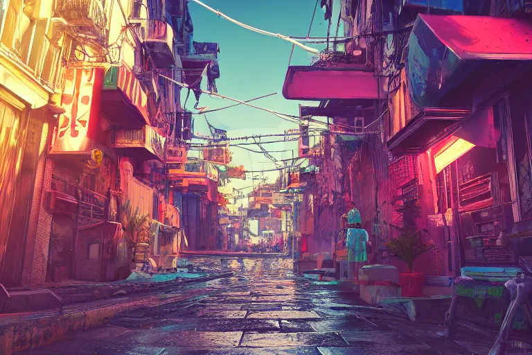 Prompt: cyberpunk Venice street, 35mm lens, beautiful panoramic imagery, vibrantly lush neon lighting, beautiful volumetric-lighting-style atmosphere, a futuristic atmosphere, intricate, ultra detailed, photorealistic imagery, trending on artstation, 4k, 8k