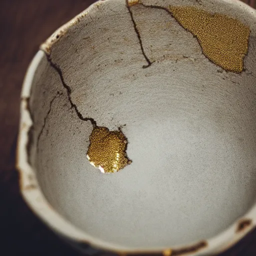 Image similar to photo of a cracked ceramic cup repaired with gold, kintsugi, kitchen counter, natural light, beautiful, cinematic, high detail,