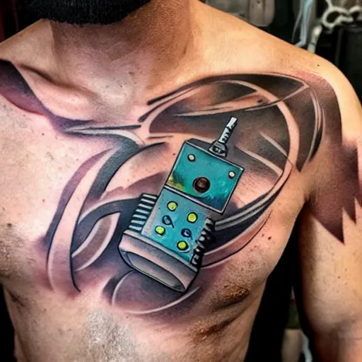 Prompt: chest tattoo of a maintenance slap in the skin with a shiny chrome robot mechanic with glowing steampunk tubes inside under the skin, insanely integrate,