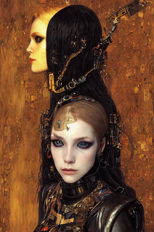 Image similar to portrait of beautiful young gothic maiden, cyberpunk, Warhammer, highly detailed, artstation, illustration, art by Gustav Klimt