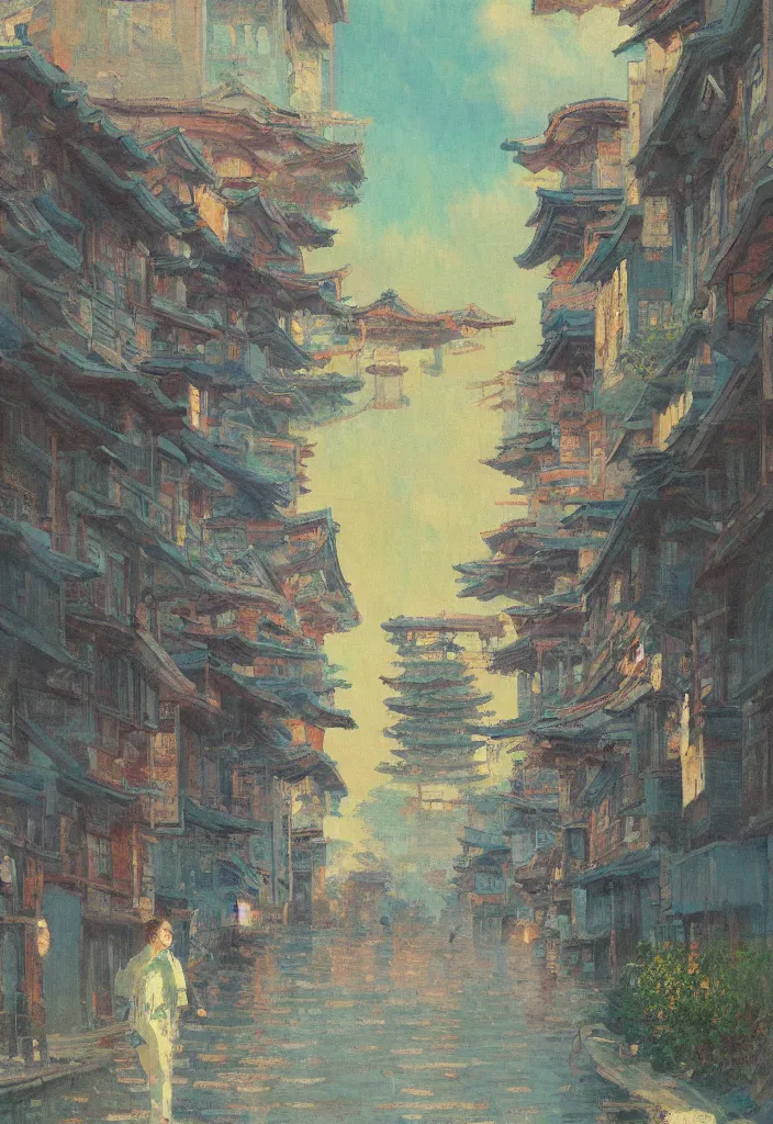 Image similar to a beautiful japanese city near the sea, amazing ryokans and gorgeous edo era houses, cyberpunk, lofi vibe, colorful, vivide colors, oil painting in impressionist style, by jeremy lipkin, by claude monet, by makoto shinkai, multiple brush strokes, inspired by ghibli, masterpiece, beautiful