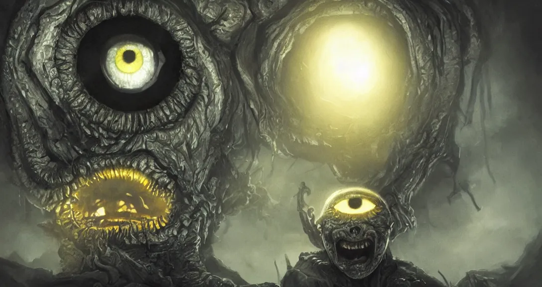 Image similar to an eye inside a mouth of a child with pointed teeth and glowing yellow eyes, nightmare, dark, h. p. lovecraft, portrait, intricate, detailed, volumetric lighting, scenery, digital painting, highly detailed, artstation, sharp focus, illustration, concept art, art by artgerm and greg rutkowski