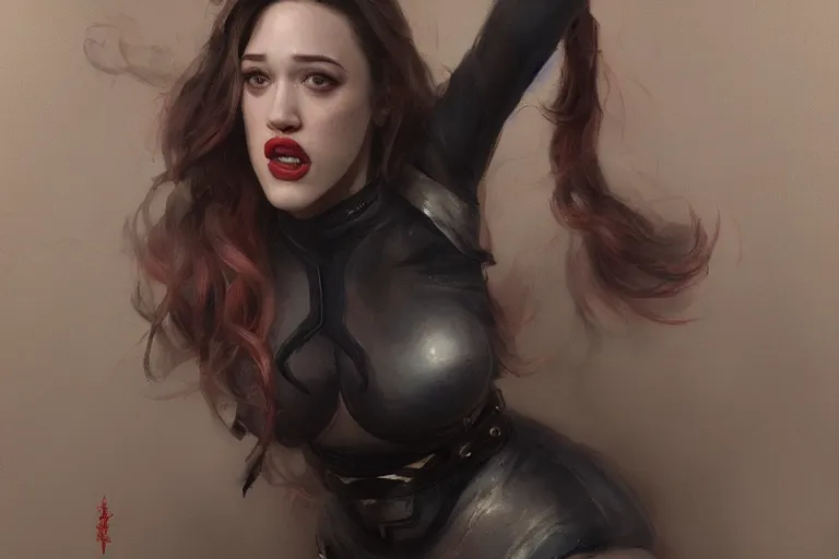 Prompt: A portrait of a Kat Dennings sticking her tongue out while striking a heroic pose in a small leotard Ruan Jia and Mandy Jurgens and Artgerm and william-adolphe bouguerea, highly detailed, trending on artstation, award winning, H 768