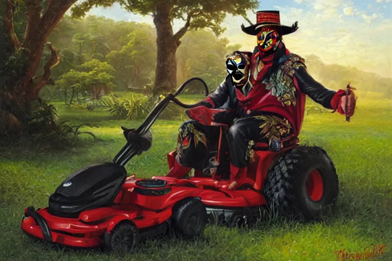 Image similar to portrait of wwf papa shango riding a lawn mower, an oil painting by ross tran and thomas kincade