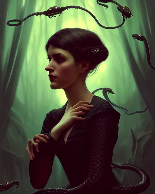 Image similar to stylized portrait by aykutmakut of an artistic pose, composition, young victorian sad fancy lady, surrounded by snakes, cinematic moody colors, realistic shaded, fine details, realistic shaded lighting poster by ilya kuvshinov, magali villeneuve, artgerm, jeremy lipkin and michael garmash and rob rey