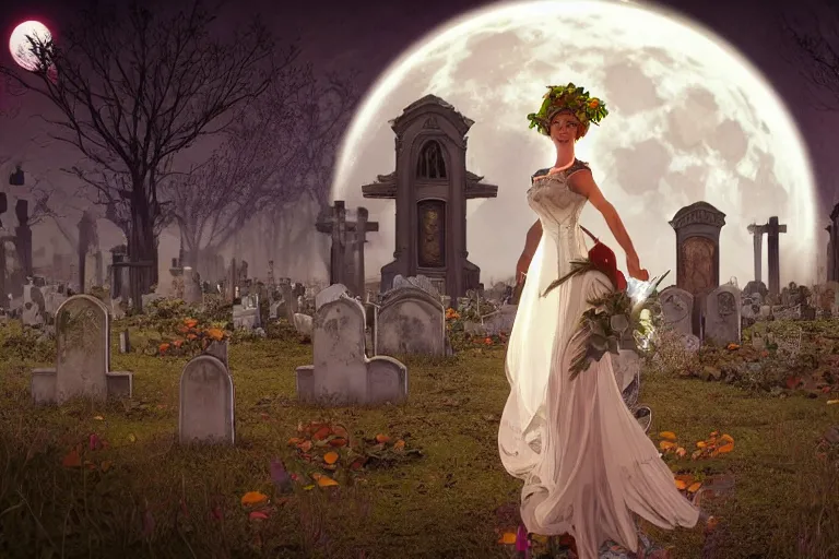 Image similar to an ultra detailed animation of a bride a graveyard at midnight on halloween, digital art, dark fantasy, concept art, soulslike, by alphonse mucha, blood moon eclipse, ruined building in the background, artstation, 8 k, unreal engine render