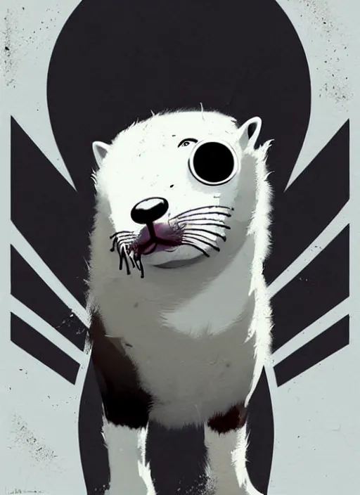 Image similar to graffiti tag mural of a cute white baby seal pup with an eyepatch by atey ghailan, by greg rutkowski, by greg tocchini, by james gilleard, by joe fenton, by kaethe butcher, by yoji shinkawa, gradient blue, black, brown and white color scheme muted tones, grunge aesthetic!!! white graffiti tag wall background