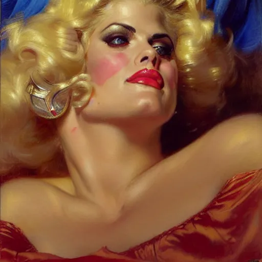 Prompt: anna nicole smith in her bed, nervous and terrified, because rip taylor is throwing confetti from a bucket at her. highly detailed painting by gaston bussiere, j. c. leyendecker, greg rutkowski, craig mullins 8 k