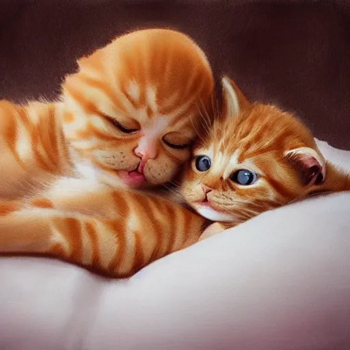 Image similar to an orange tabby kitten and a girl with curly blonde hair cuddling on a bed, photorealistic