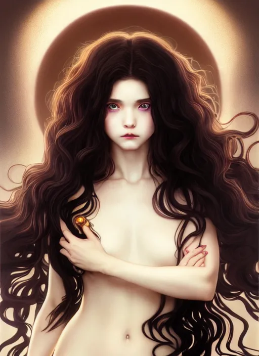 Image similar to young vampire girl, goddess of obsidian diamonds and black roses, with long curly, golden hair, perfectly proportioned face, brown eyes, sweet smile, strong jawline, natural lighting, path traced, highly detailed, high quality, cartoon, digital painting, by new haicheng studio ghibli and riccardo federici and alphonse mucha