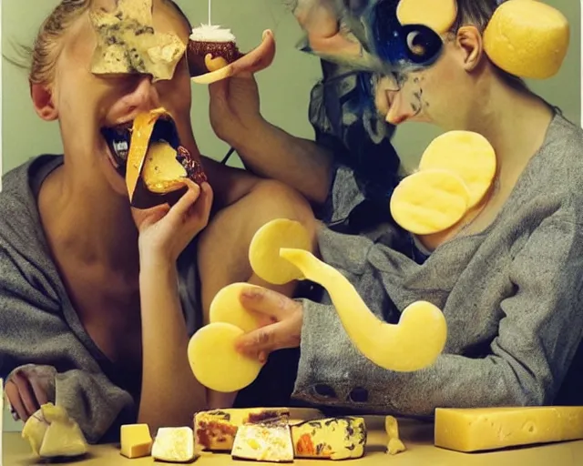 Prompt: incredible strange absurd artwork of androids tasting cheese, finding it very weird, weird tasting ritual of cheese products in the style of tim walker fashion photography