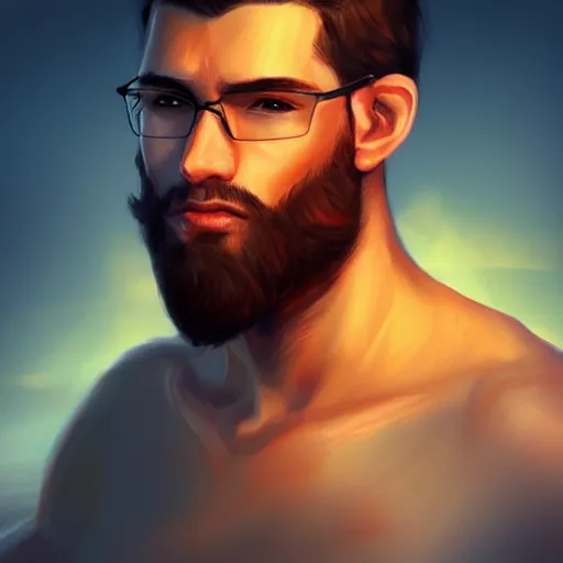 Prompt: young man with a light beard, beautiful sunset, high definition, concept art, digital painting, art station, sharp focus, art by artgerm