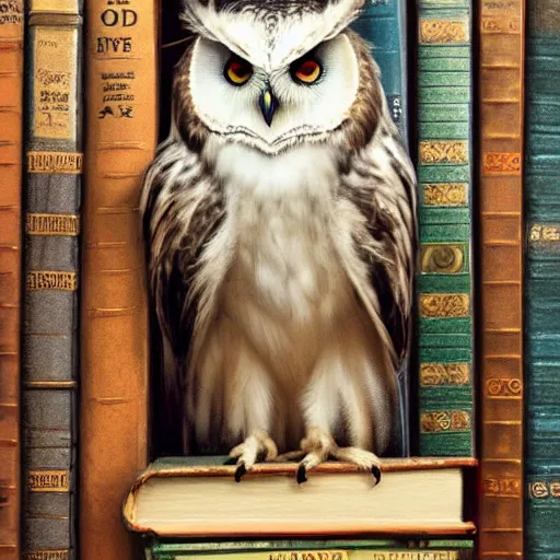 Image similar to long shot of a fluffy sleegy owl sitting on a pile of antique books, by naoto hatori, by yoshita amano, by esao andrews, fancy illustration hyperrealistic, big depth of field, fresh colors, moody evening light, 3 d octane render conceptart, 4 k, highly detailed, trending on artstation