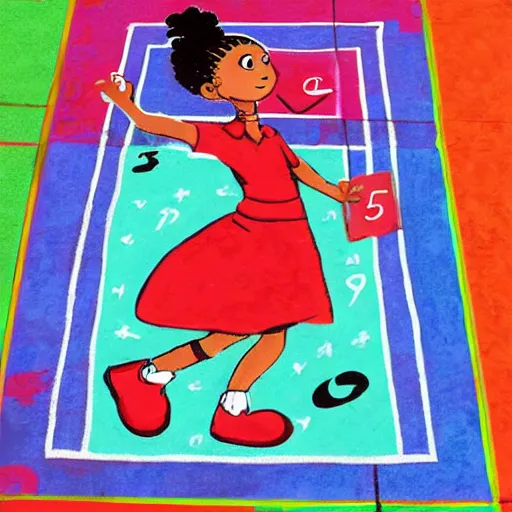 Prompt: pepper ann pearson playing hopscotch, illustration, illusion, in the style of lilia alvarado