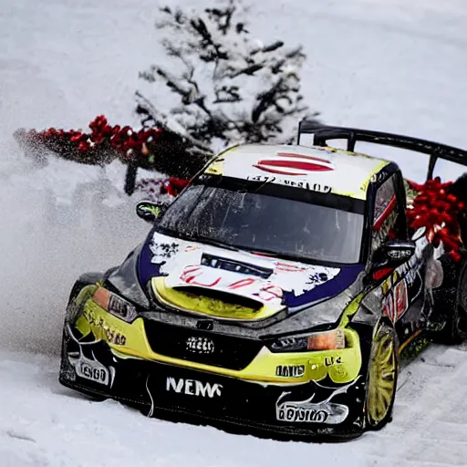 Image similar to Petter Solberg after he crashed into the christmas tree