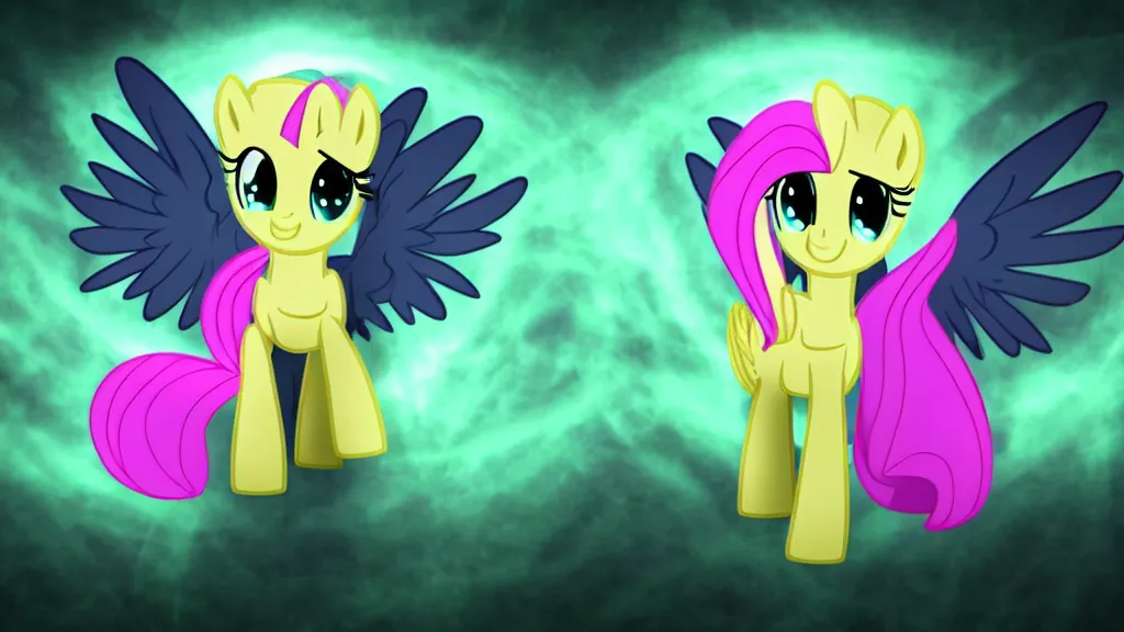 Image similar to 3D Fluttershy from My Little Pony as a necromancer, standing over a tomb stone, bright green swirls coming up it, glowing aura around her, pitch black background, dramatic and colorful lighting, floating green chibi glowing skulls, smoke all around, insane special effects, unrealengine, 4k, HDR, unique camera angle, bones lying on the ground, inside a crypt, skeletons rising from the dead