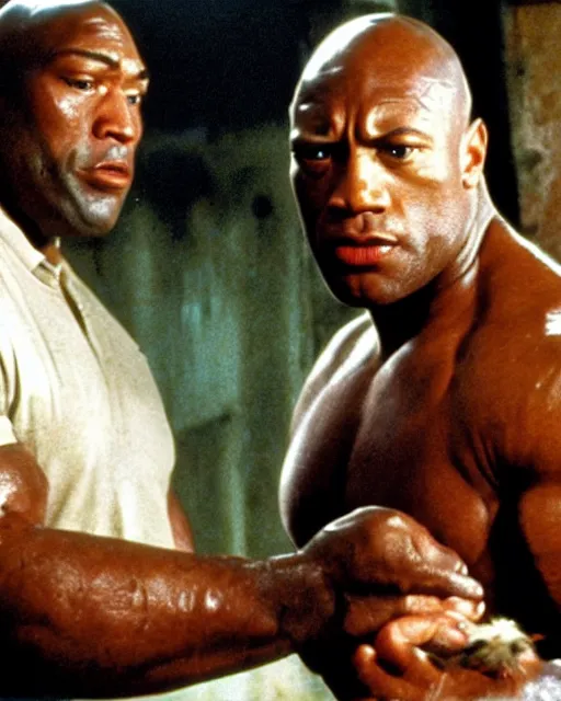 Image similar to film still close - up shot of dwayne johnson as john coffey petting a mouse in the movie the green mile. photographic, photography