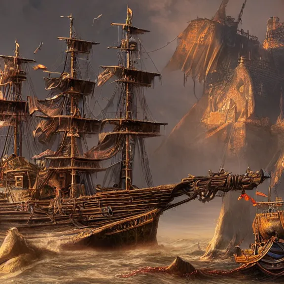 Prompt: a highly detailed 4 k fantasy matte painting of a photorealistic pirate ship, historically accurate
