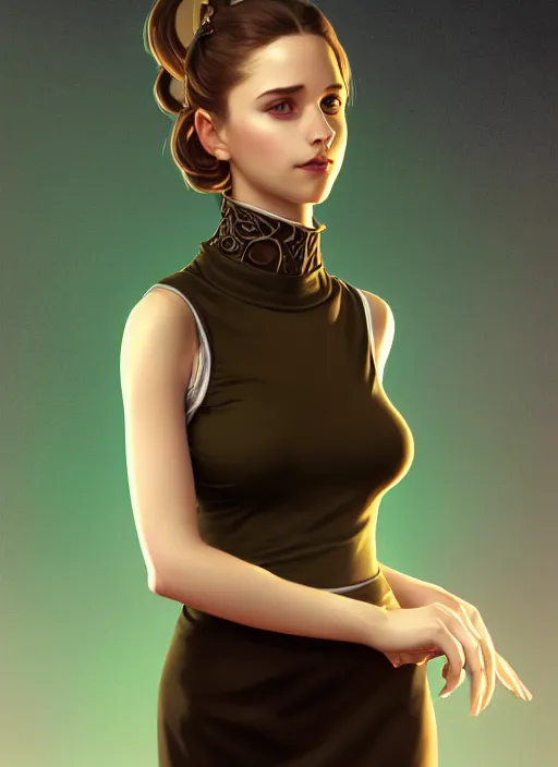 Image similar to portrait of a full body of beautiful young female secretary, d & d, sleeveless turtleneck, pencil skirt, fantasy, flat lighting, intricate, highly detailed, digital painting, artstation, concept art, smooth, sharp focus, illustration, art by simon bisley and greg rutkowski and alphonse mucha, natural tpose